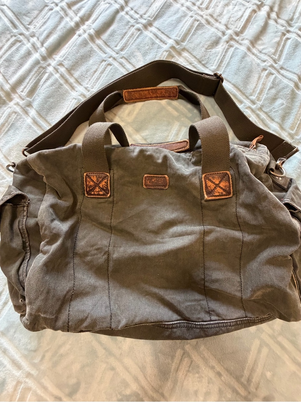 Bed Stu Olive Brown Canvas Duffel Bag with Leather Accents